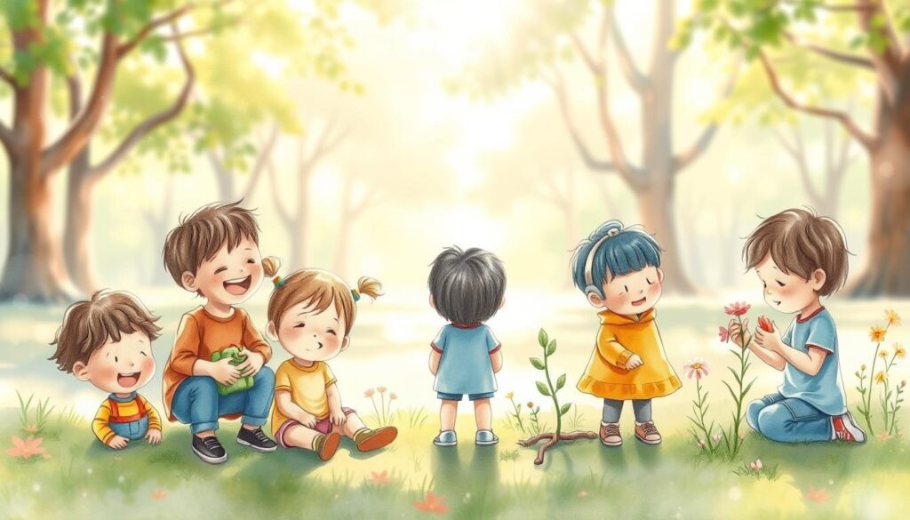 A serene, watercolor-style illustration depicting the stages of childhood emotional development. In the foreground, a diverse group of children aged 4 to 10 are engaged in various emotional activities: one child is joyfully playing with a toy, another is comforted by a friend, while a third is thoughtfully observing flowers, symbolizing curiosity and empathy. In the middle ground, gentle scenes of interaction between children showcase key emotional milestones such as sharing, bonding, and expressing feelings. The background features a soft, blurred park setting with trees and sunlight filtering through leaves, creating a warm and inviting atmosphere. The overall mood is uplifting and nurturing, capturing the essence of emotional growth through simple yet profound moments of childhood. Lighting is soft and diffused, enhancing the gentle and hopeful tones of the image. Image created by nextself.ai. A serene, watercolor-style illustration depicting the stages of childhood emotional development. In the foreground, a diverse group of children aged 4 to 10 are engaged in various emotional activities: one child is joyfully playing with a toy, another is comforted by a friend, while a third is thoughtfully observing flowers, symbolizing curiosity and empathy. In the middle ground, gentle scenes of interaction between children showcase key emotional milestones such as sharing, bonding, and expressing feelings. The background features a soft, blurred park setting with trees and sunlight filtering through leaves, creating a warm and inviting atmosphere. The overall mood is uplifting and nurturing, capturing the essence of emotional growth through simple yet profound moments of childhood. Lighting is soft and diffused, enhancing the gentle and hopeful tones of the image. Image created by nextself.ai.